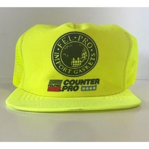 NEON Yellow Trucker Hat Fel-Pro VTG Auto Car Part Logo Mesh Snapback USA Foam